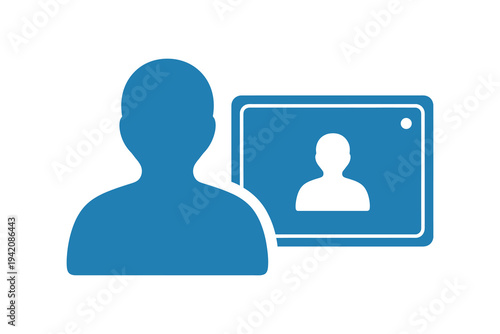 Blue silhouette of a person with an identification card or profile icon, representing user authentication, online identity, or personal data.