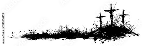 Three Christian crosses on a hill with artistic black ink splatter background