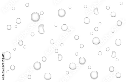 Realistic 3D Water Drops Background with Glossy Liquid Droplets. Horizontal vector illustration.

