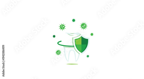 A stylized white tooth is encircled by a vibrant green shield, with numerous green virus particles floating around it.