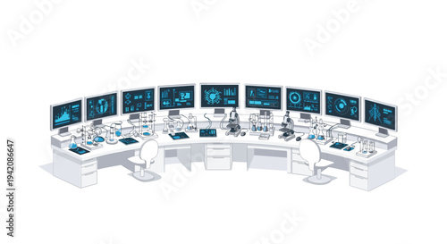 A curved laboratory workstation is equipped with twelve glowing blue data screens, multiple microscopes, and various beakers on white desks with two chairs.