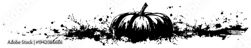 Single autumn pumpkin illustration with expressive black ink splatters and grunge texture