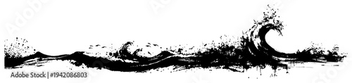 Stylized ocean wave horizontal border with artistic ink splatters and water splashes