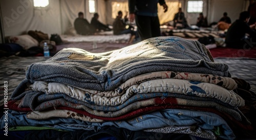 Pile of Worn Blankets and Bedding in a Shelter