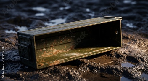 Empty Green Military Ammo Box Lying Open in Mud