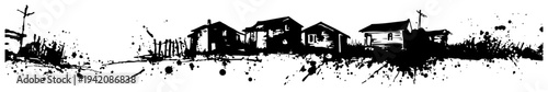 Wide panoramic rural landscape with small village houses in black ink grunge style