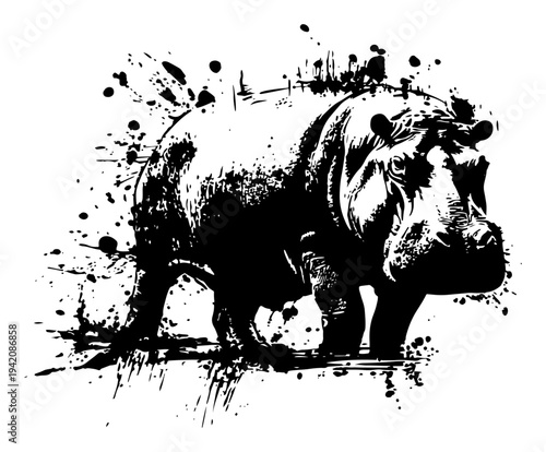 Powerful hippopotamus walking through an artistic black ink splatter and grunge background