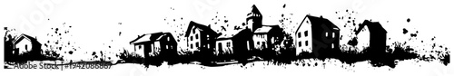 Traditional village houses and skyline silhouette in artistic black ink splatter border style