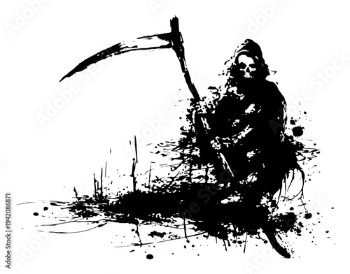 Mysterious grim reaper figure with a scythe in a dark ink splatter horror style