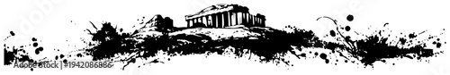 Ancient greek parthenon ruins architectural landscape in artistic black ink splatter grunge style