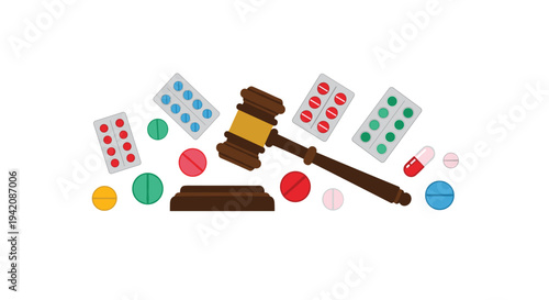 A wooden gavel and its sound block are positioned centrally, surrounded by numerous colorful pills and four different blister packs on a bright white surface.