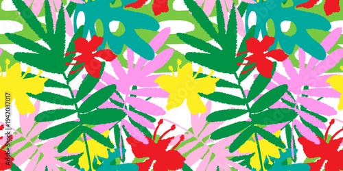 seamless pattern with hand drawn hawaiian tropical leaves and neon flowers colorful summer botanical repetitive wallpaper