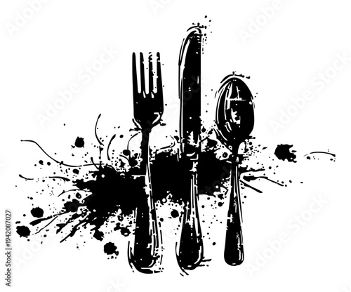 Cutlery set with fork knife and spoon in artistic black ink splash grunge style