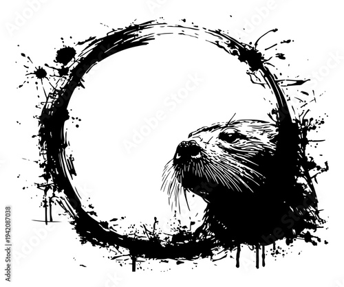 Otter face inside a grunge circular frame in artistic black ink splatter style