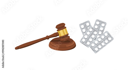 A polished wooden gavel and its sound block are arranged on the left, with three white blister packs containing pills positioned on the right against a clean white backdrop.