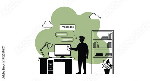 Vector illustration of man working at office desk with computer and messaging