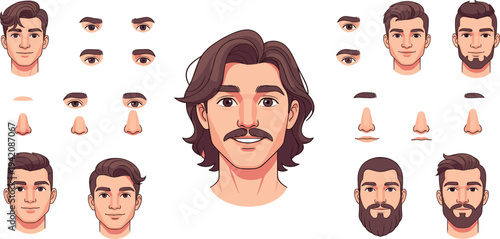 Male Face Character Creator Vector Set with Different Hairstyles, Beards, Eyes, and Facial Features for Avatar Design, Animation, and Custom Portrait Creation
