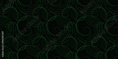 seamless fractal pattern with neon green circular lines on black background futuristic digital spiral wireframe tech ornament