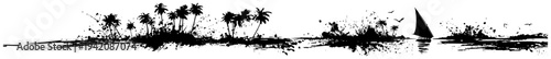 Wide panoramic tropical island with palm trees in black ink grunge art style