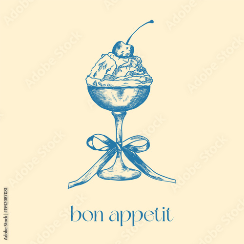 Coastal Italy ice-cream, cherry and bow print set. La Dolce Vita illustrations in a poster frame. Sketch style food doodles. Art for greeting cards, wedding invitations, postcard. bon appetit