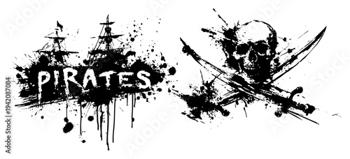 Pirate ship and skull with crossed swords in artistic black ink splatter style