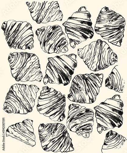 Croissant Vector, Croissant Logo, Croissant Icon, Croissant Bakery Vector, Pastries Bread Image. Croissant pattern. Good morning. Hand drawn line food illustration vector. Coffee, breakfast, buns.