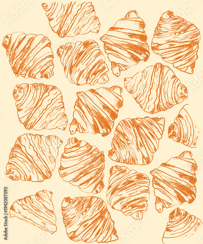 Croissant Vector, Croissant Logo, Croissant Icon, Croissant Bakery Vector, Pastries Bread Image. Croissant pattern. Good morning. Hand drawn line food illustration vector. Coffee, breakfast, buns.