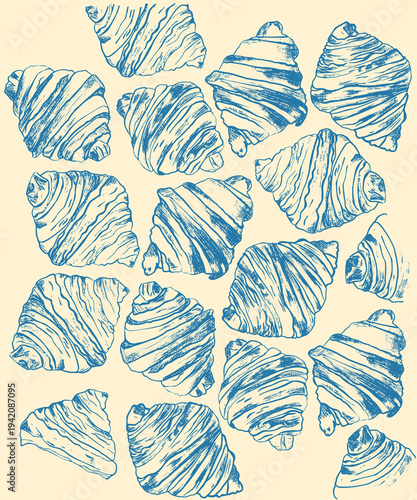 Croissant Vector, Croissant Logo, Croissant Icon, Croissant Bakery Vector, Pastries Bread Image. Croissant pattern. Good morning. Hand drawn line food illustration vector. Coffee, breakfast, buns.