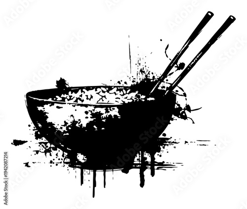 Asian food bowl with chopsticks featuring messy ink splatters and drips in grunge style