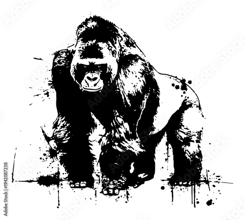 Powerful gorilla primate walking in artistic black ink splash and grunge style