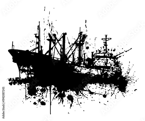 Industrial cargo ship vessel in artistic black ink splatter and grunge style