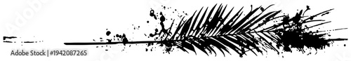 Wide horizontal palm leaf border in artistic black ink splatter grunge style