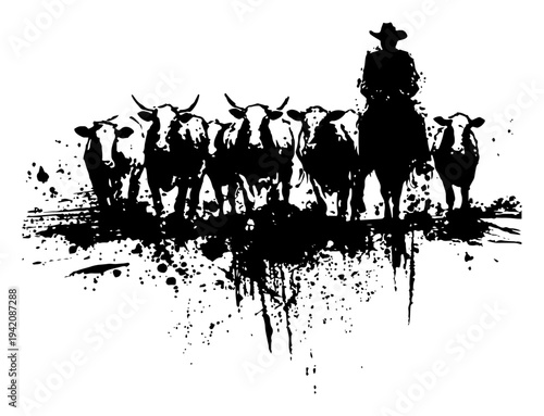 Cowboy on horse leading a cattle herd in artistic black ink grunge style