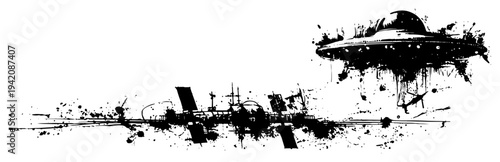 Flying saucer UFO and space station silhouette with artistic ink splatters