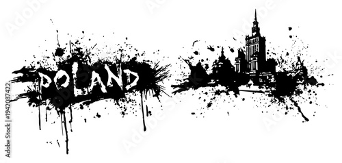 Poland word art and Warsaw Palace of Culture silhouette with ink splatters