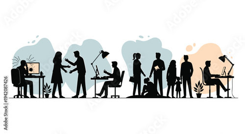 Vector illustration of office workers in silhouette with colorful background