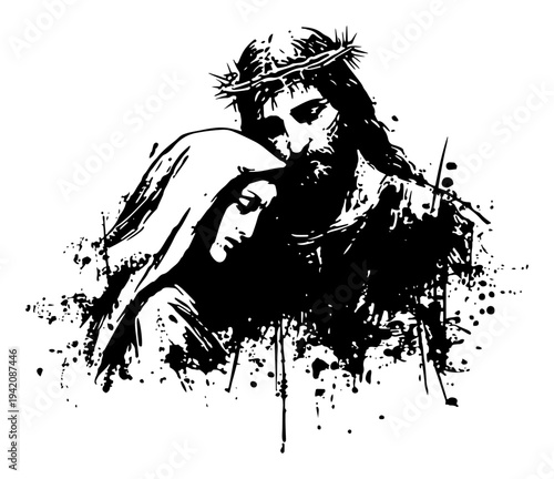 Jesus Christ and Virgin Mary portrait with dramatic ink splatter effects