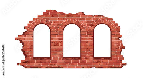 A fragmented red brick wall section with three identical white arched openings is presented on a clean, isolated white background.