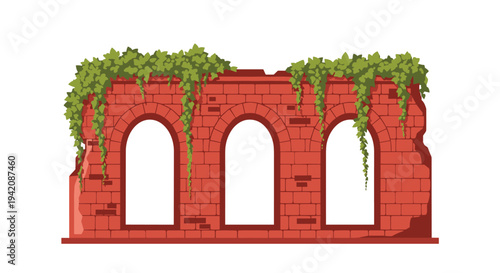 A crumbling red brick wall with three arched window openings is overgrown with green ivy vines on a white background.