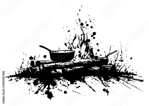 Outdoor campfire with cooking pan on burning logs in artistic black ink splatter style