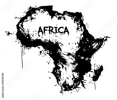 Map of Africa continent with decorative text in artistic black ink splatter grunge style