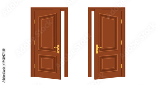 Two identical simple brown wooden doors with gold handles are depicted slightly ajar, revealing their frames on a clean white background.