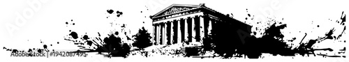 Wide horizontal panoramic border with ancient greek temple in black ink splatter style