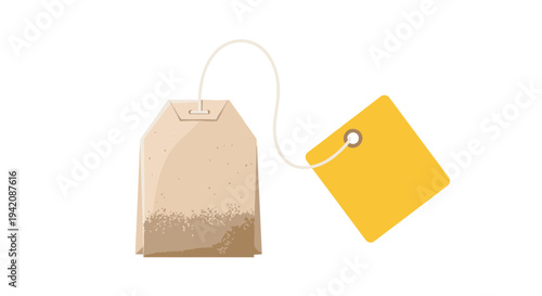 A single light brown rectangular tea bag with visible tea particles and a yellow square tag is depicted floating on a white background.
