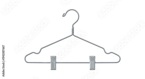 A simple silver wire clothes hanger with a twisted hook and two functional clips is depicted on a pure white background.