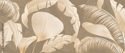 Tropical art banner featuring exotic plant leaves in beige tones with line elements. Botanical banner is perfect for decor, wallpaper, prints, posters, packaging, and interiors.