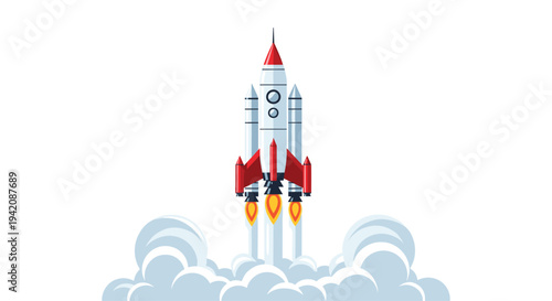 A multi-stage white and red rocket with multiple boosters is depicted launching vertically with white exhaust plumes on a clean white background.