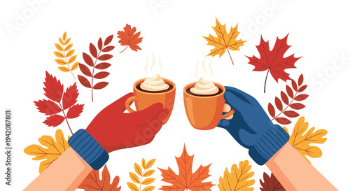 Two hands, one in a red mitten and the other in a blue mitten, hold steaming mugs of whipped cream drinks, surrounded by colorful autumn leaves.