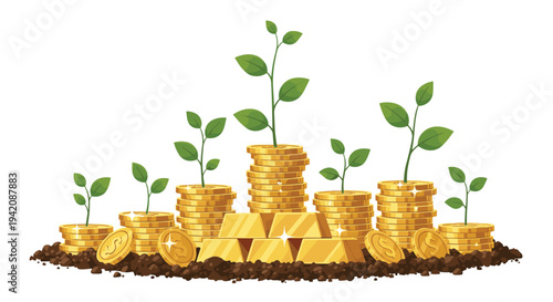 Stacks of shiny gold coins with green saplings growing from them are arranged with gold bars on a mound of brown soil.