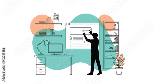 Vector illustration of a person in an office setting with desk, computer, and plants